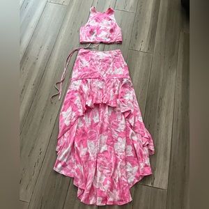 Free People Floral Print Ivory Pink Hi Low Skirt Crop Top Set 2 XS